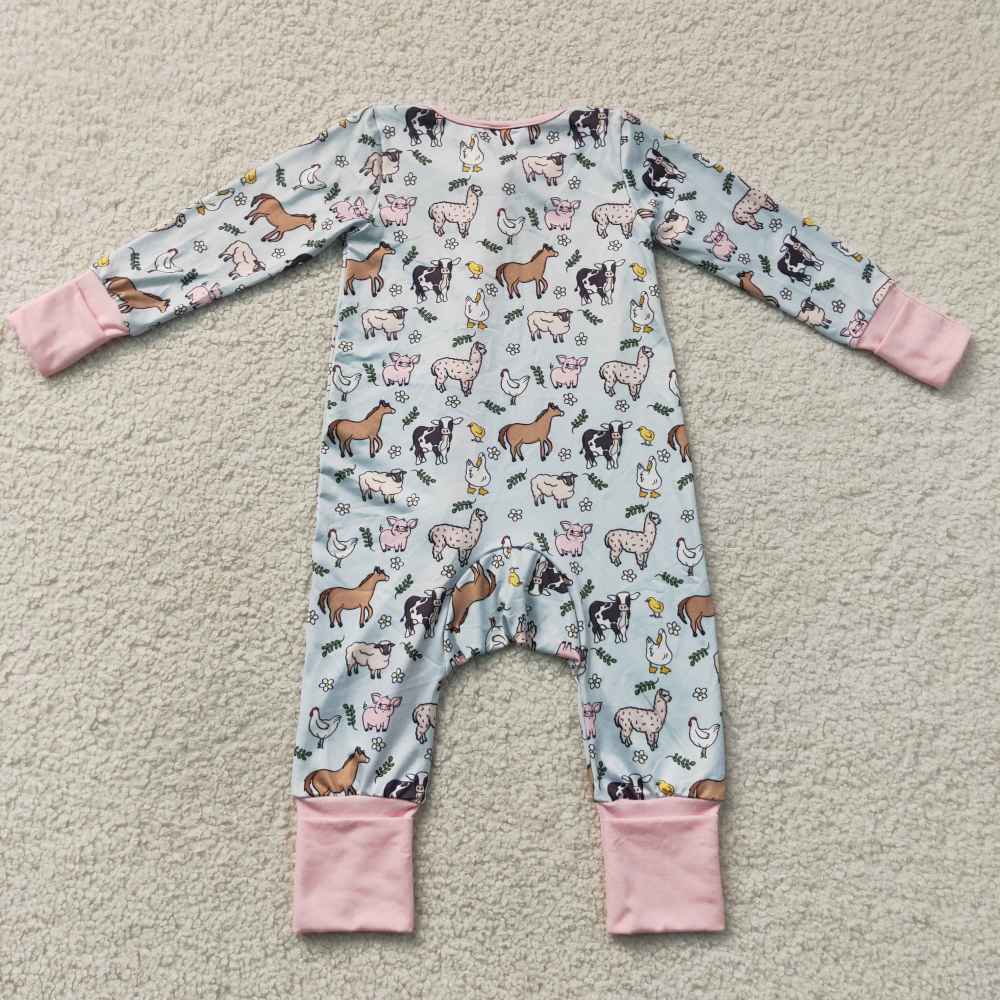 LR2401 Baby Blue farm animals print long sleeve Rompers