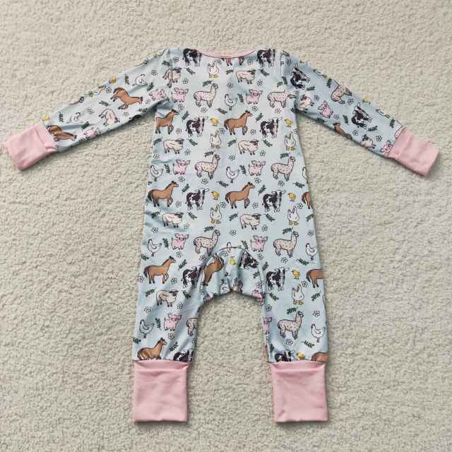 LR2401 Baby Blue farm animals print long sleeve Rompers
