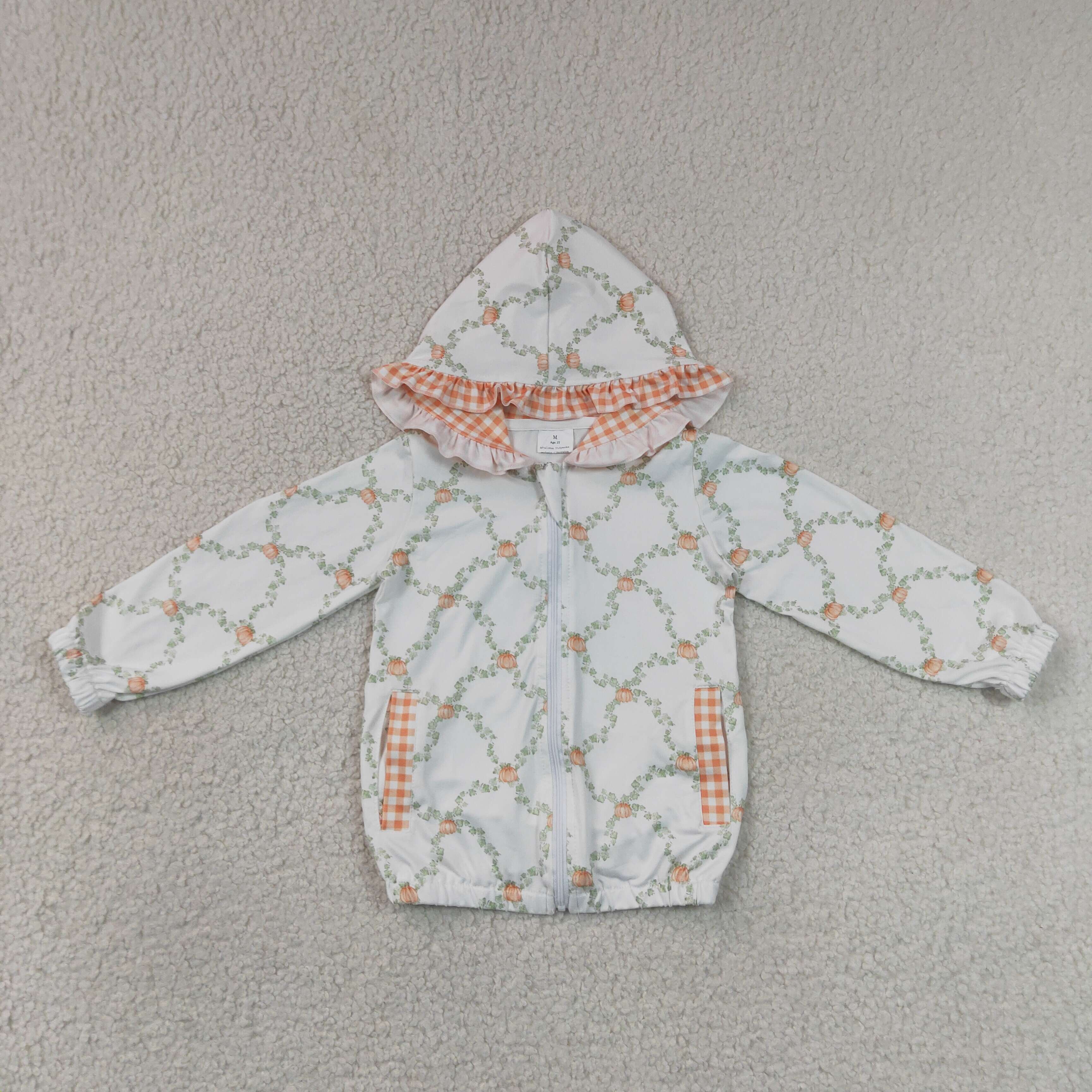 GT1662  Orange puumpkin leaves print girl long sleeve hoodie zipper pullover