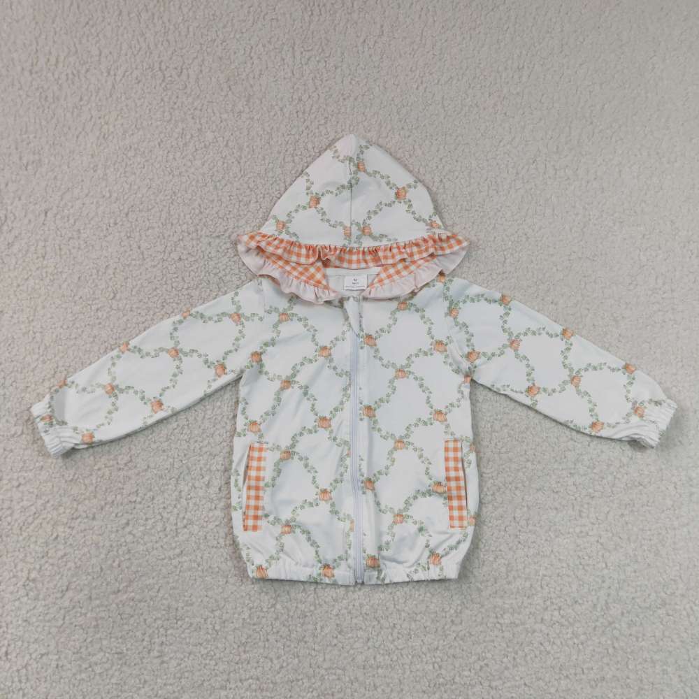 GT1662  Orange puumpkin leaves print girl long sleeve hoodie zipper pullover