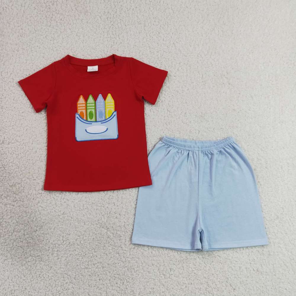 BSSO2023  RTS Red Crayon  print  short sleeve boy back to school outfits