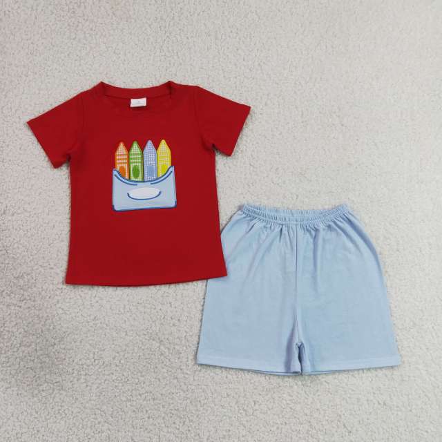 BSSO2023  RTS Red Crayon  print  short sleeve boy back to school outfits
