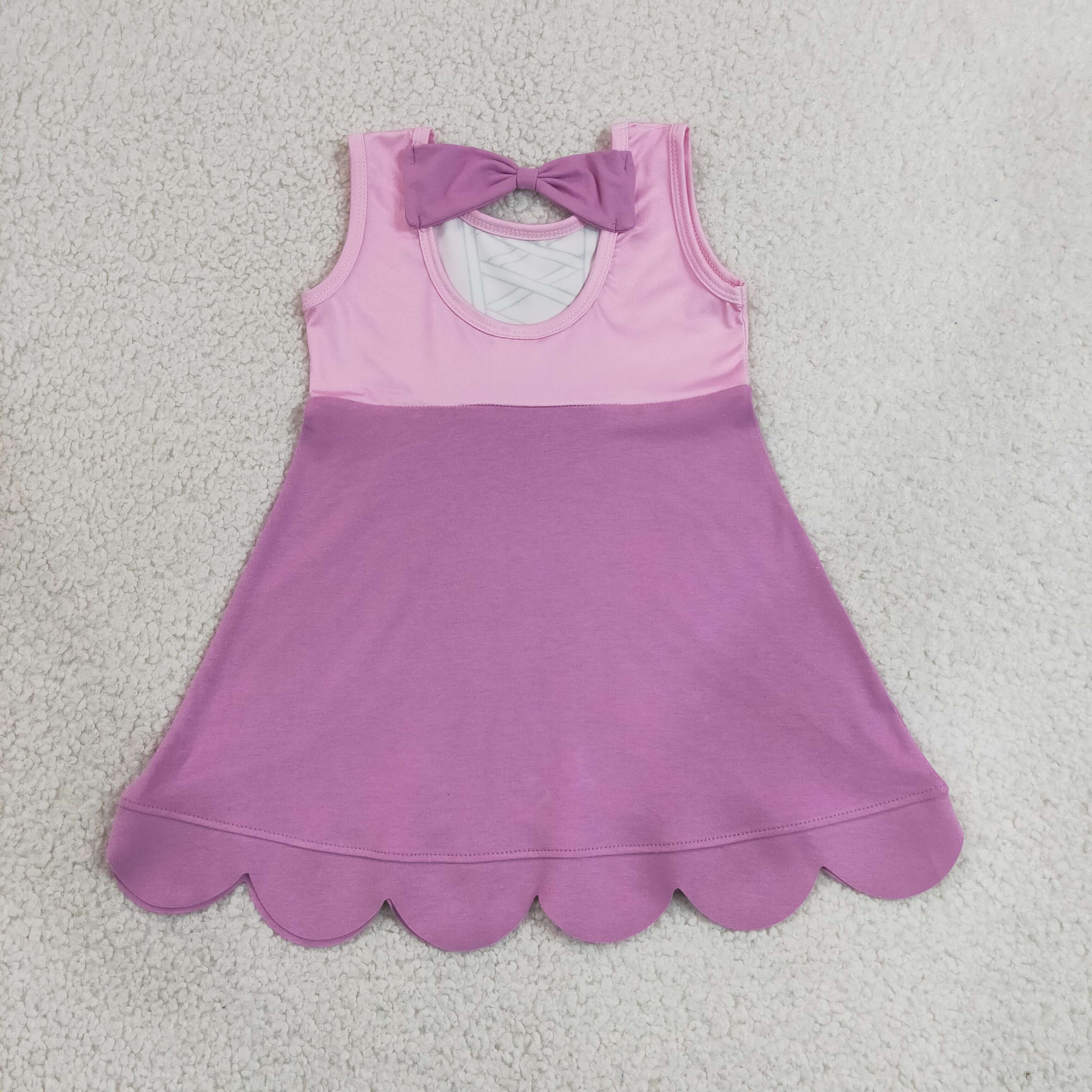 GSD2518 RTS Pink purple bows girl summer scallop dress