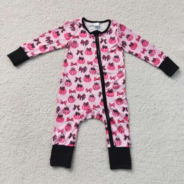 LR3069   Baby Hot Pink pumpkin bows long sleeve Rompers