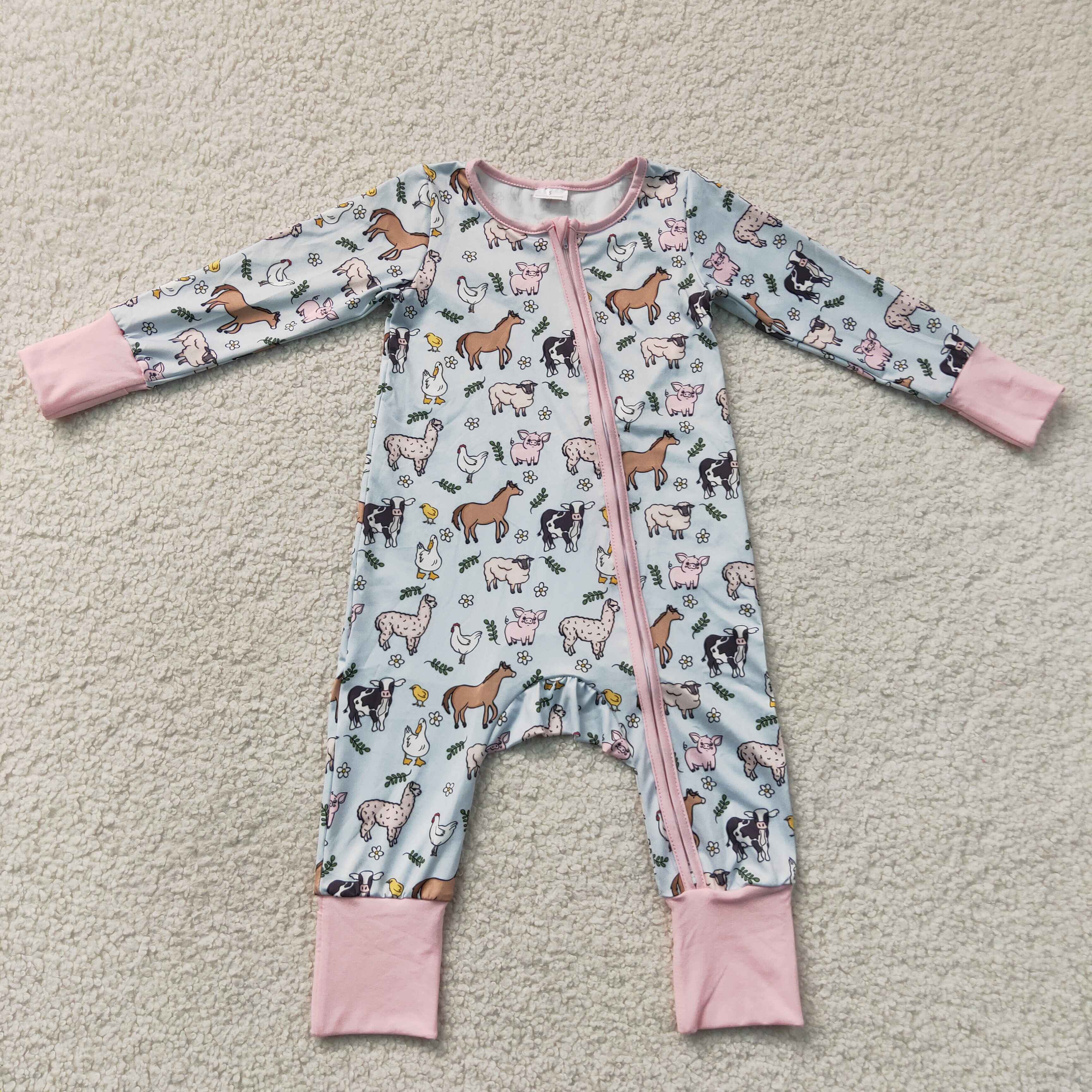 LR2401 Baby Blue farm animals print long sleeve Rompers