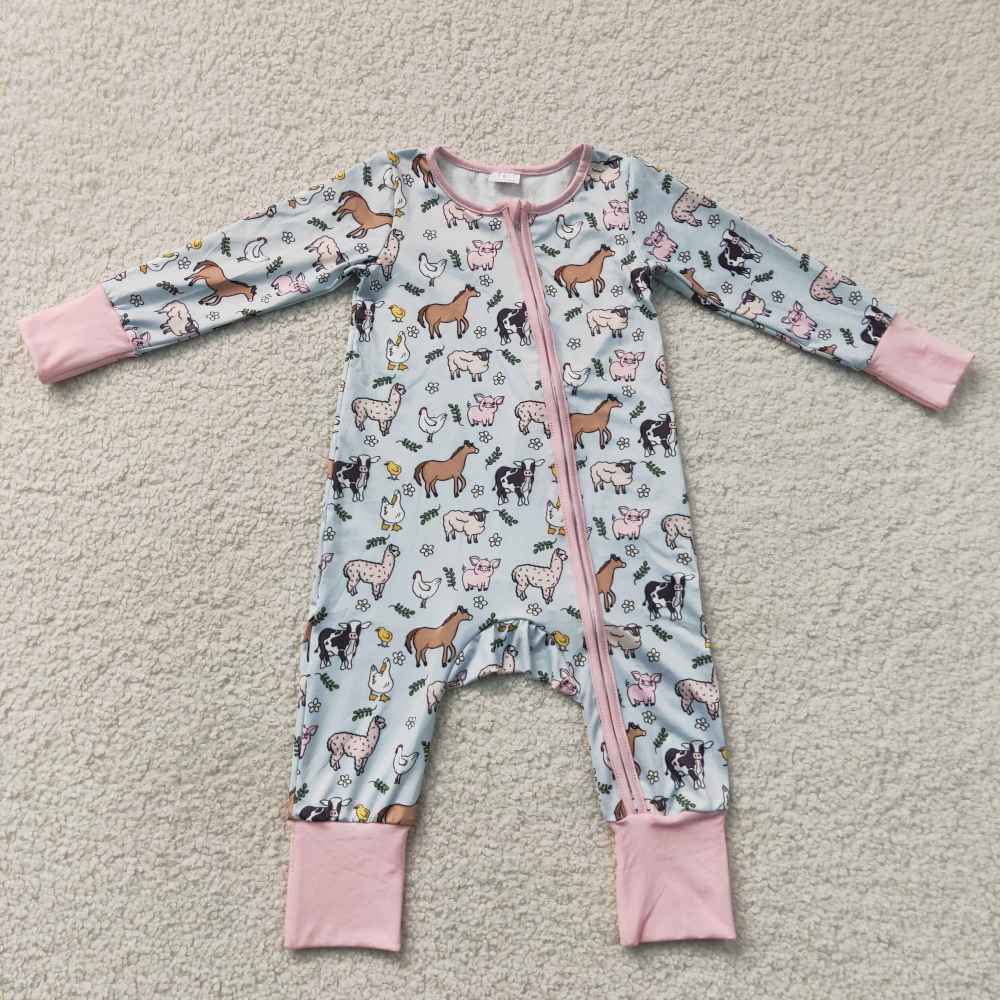 LR2401 Baby Blue farm animals print long sleeve Rompers