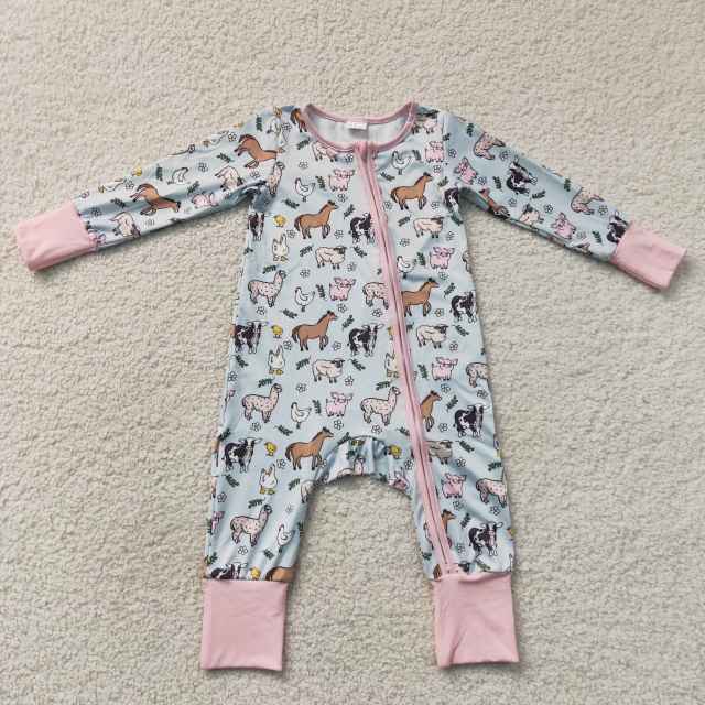 LR2401 Baby Blue farm animals print long sleeve Rompers
