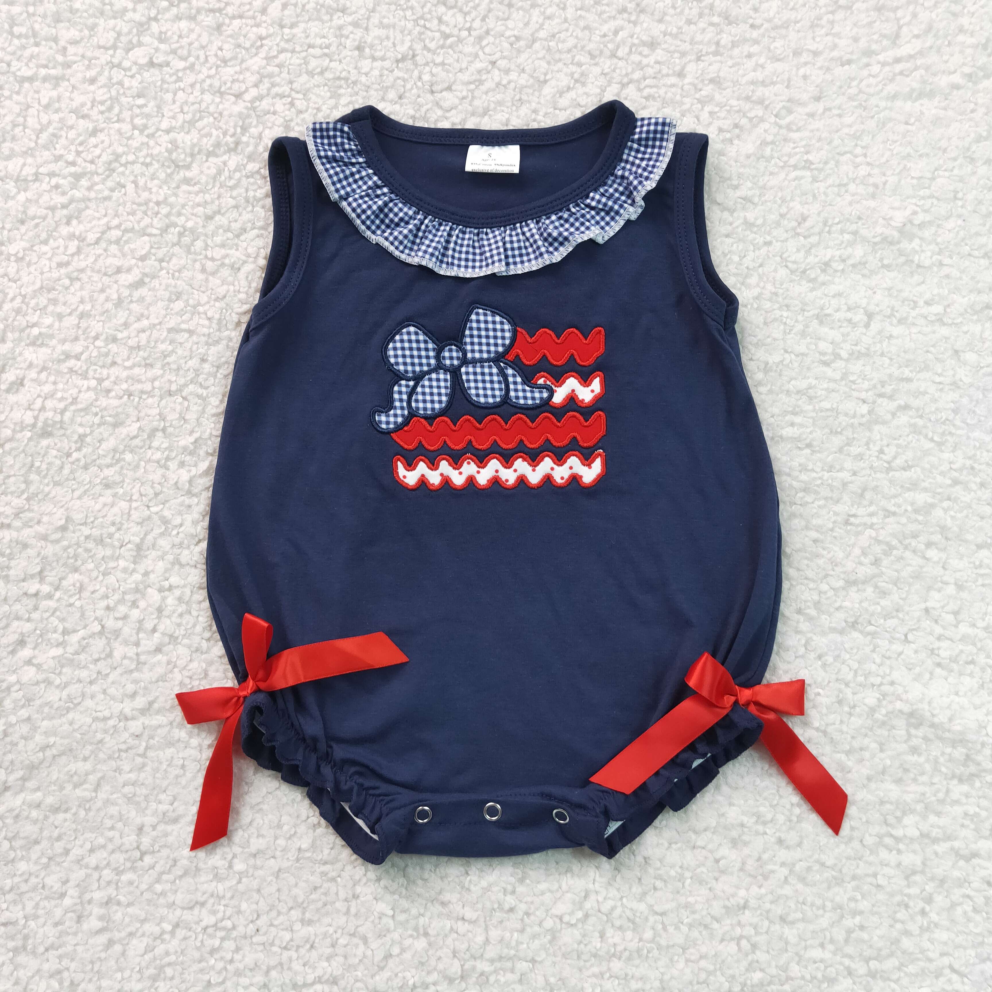 SR4152 Baby navy ginham bows applique sleeveless Rompers