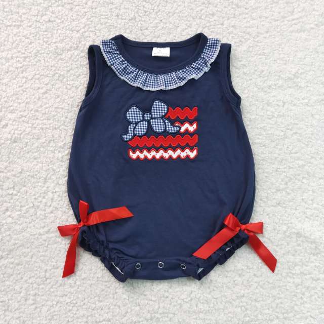SR4152 Baby navy ginham bows applique sleeveless Rompers