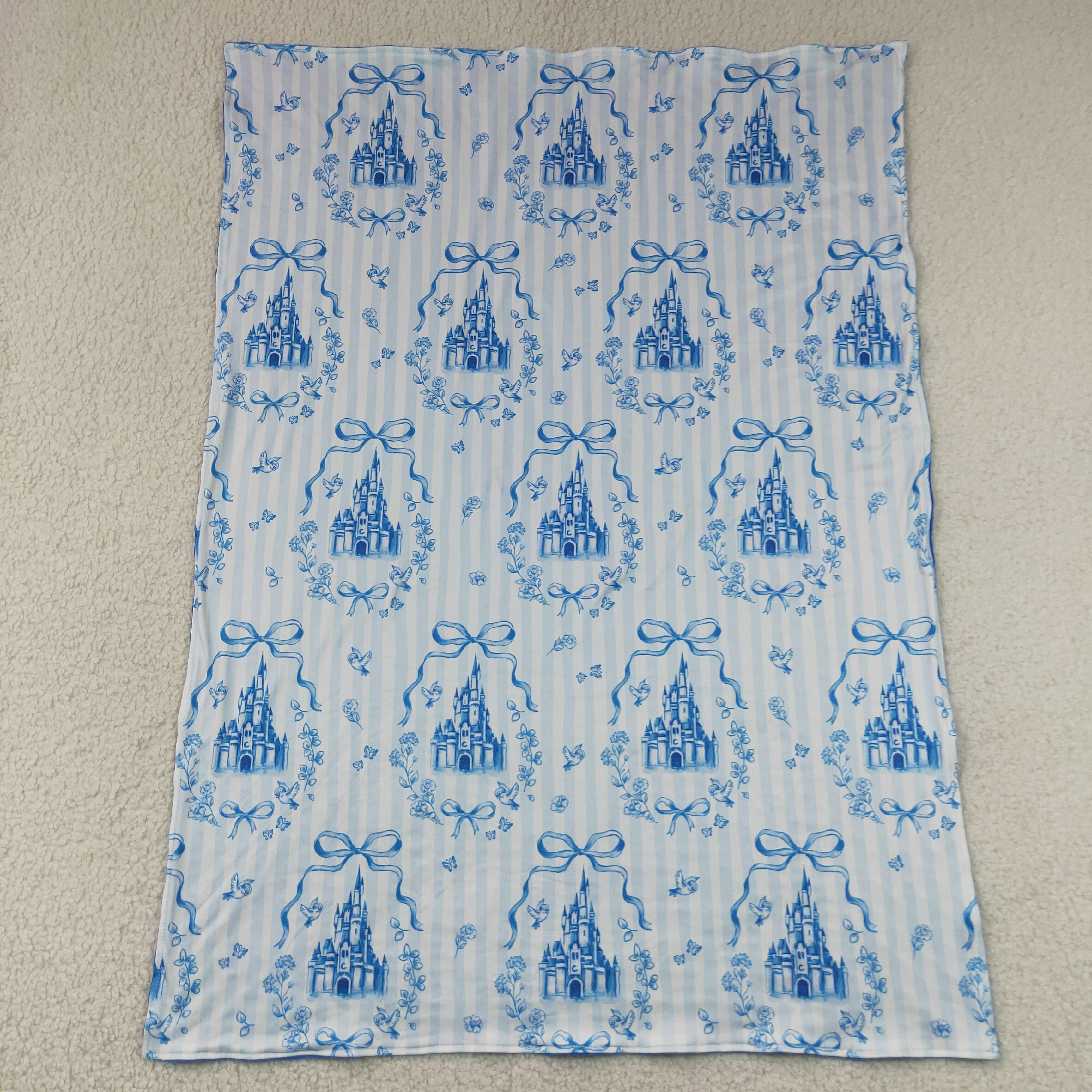 BL0247  Blue bows castle print baby stripe blanket