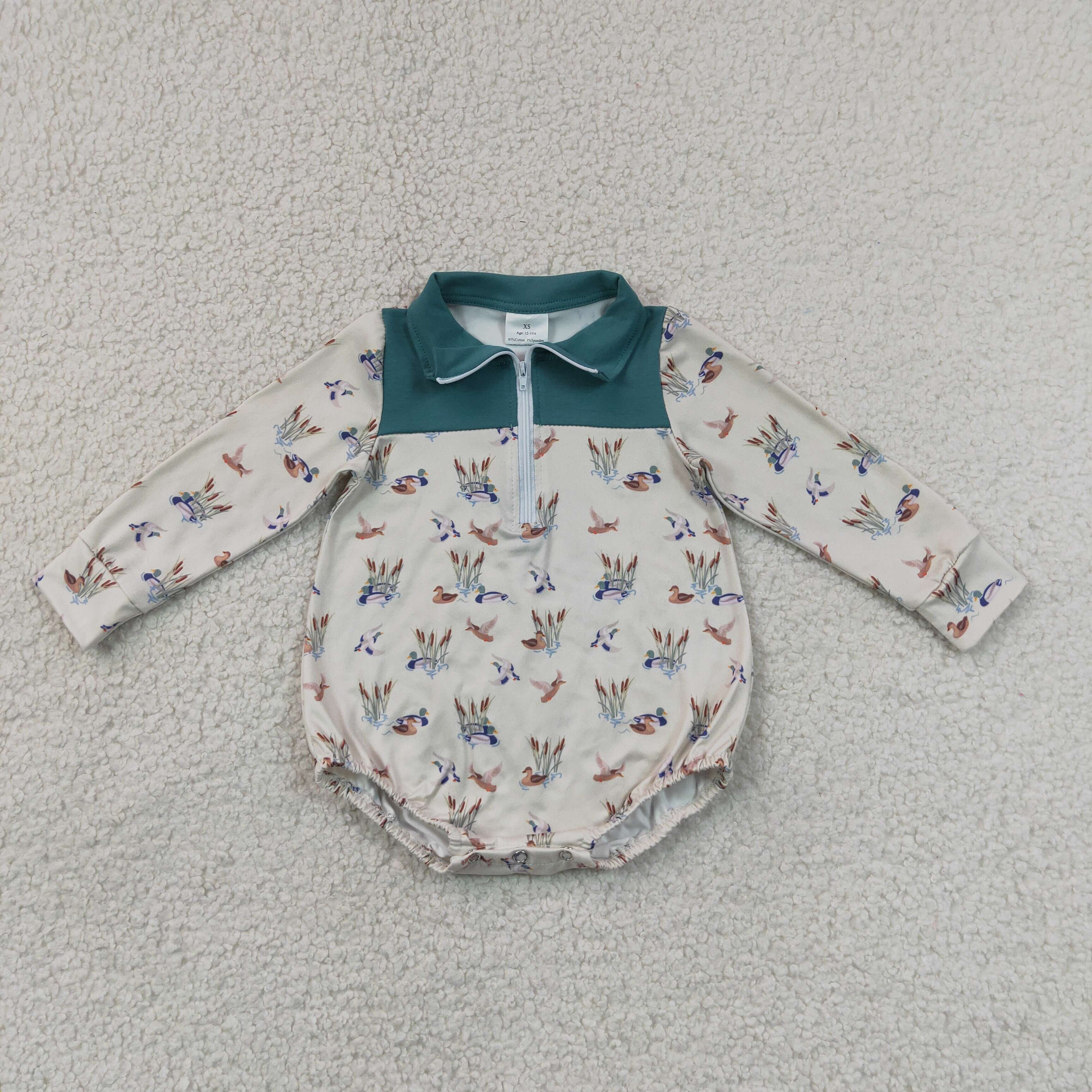 LR3052 Baby Geen Duck long sleeve zipper Rompers