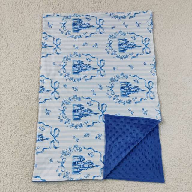 BL0247  Blue bows castle print baby stripe blanket