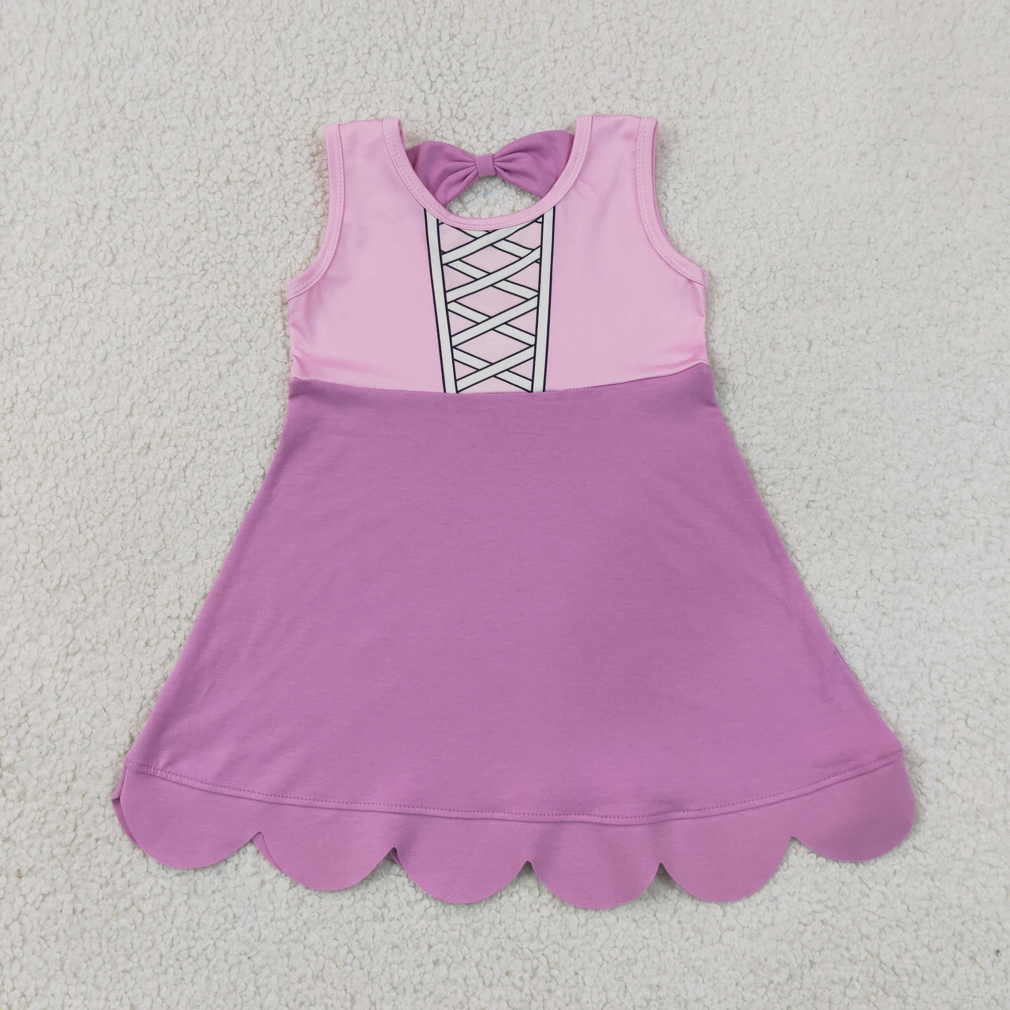 GSD2518 RTS Pink purple bows girl summer scallop dress