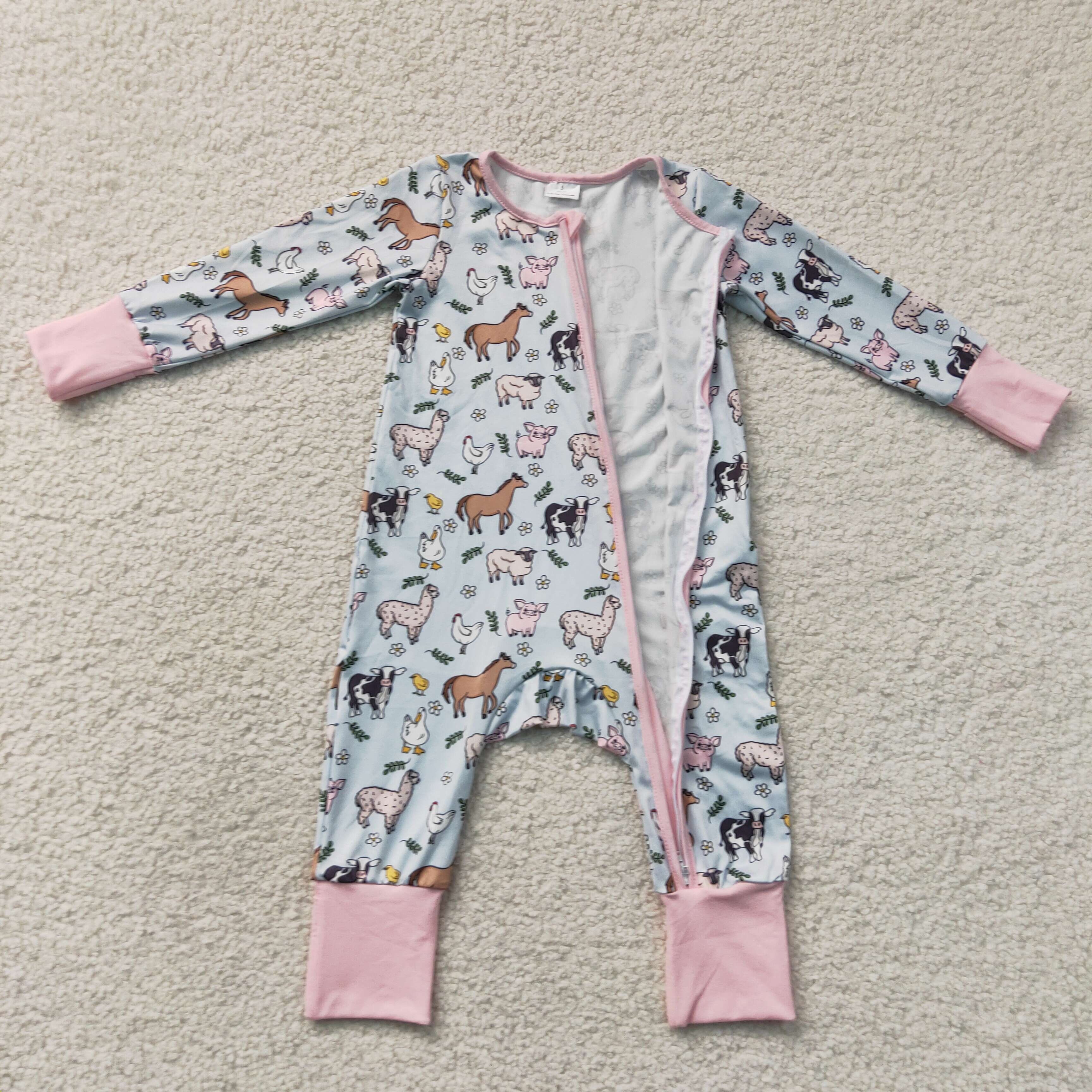LR2401 Baby Blue farm animals print long sleeve Rompers