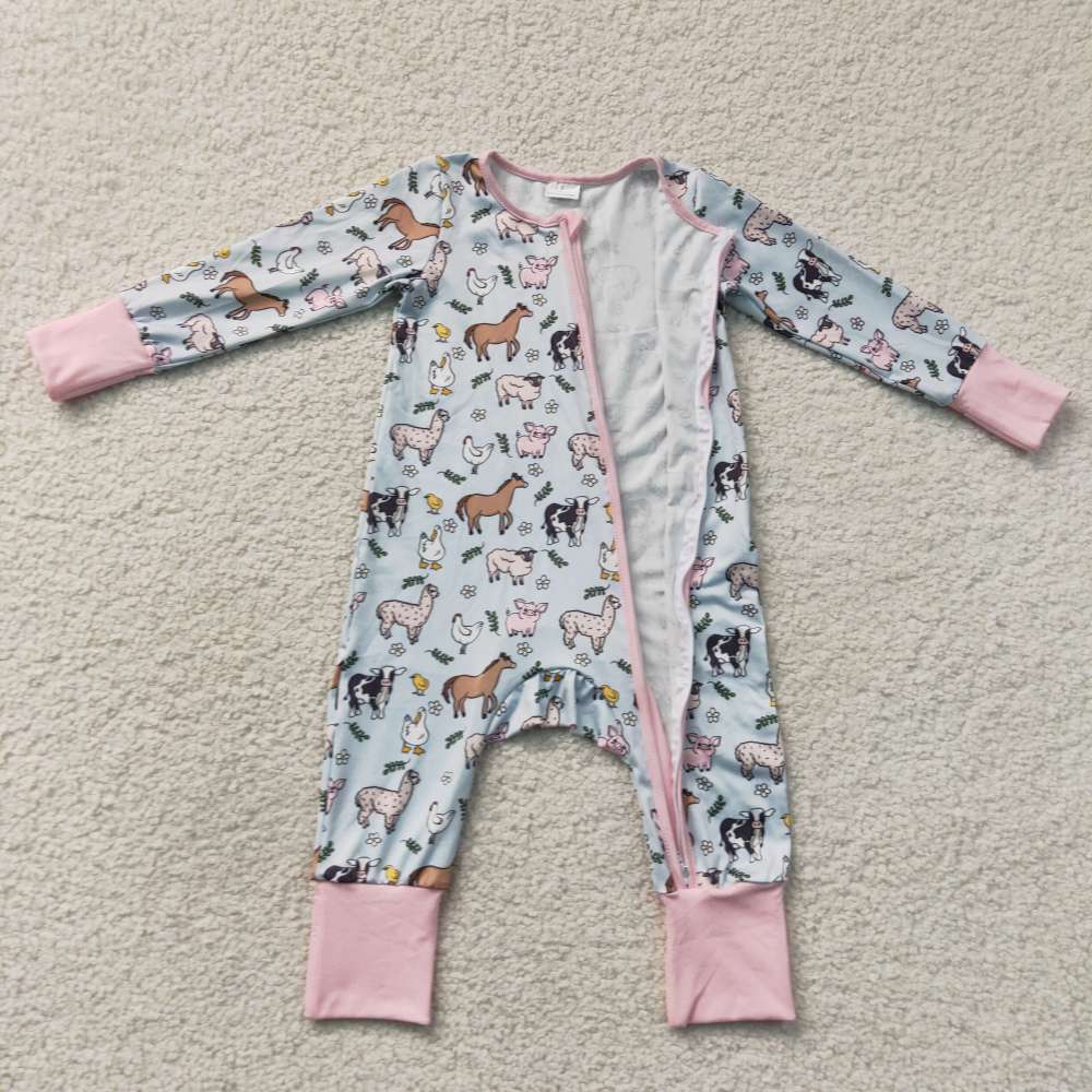 LR2401 Baby Blue farm animals print long sleeve Rompers