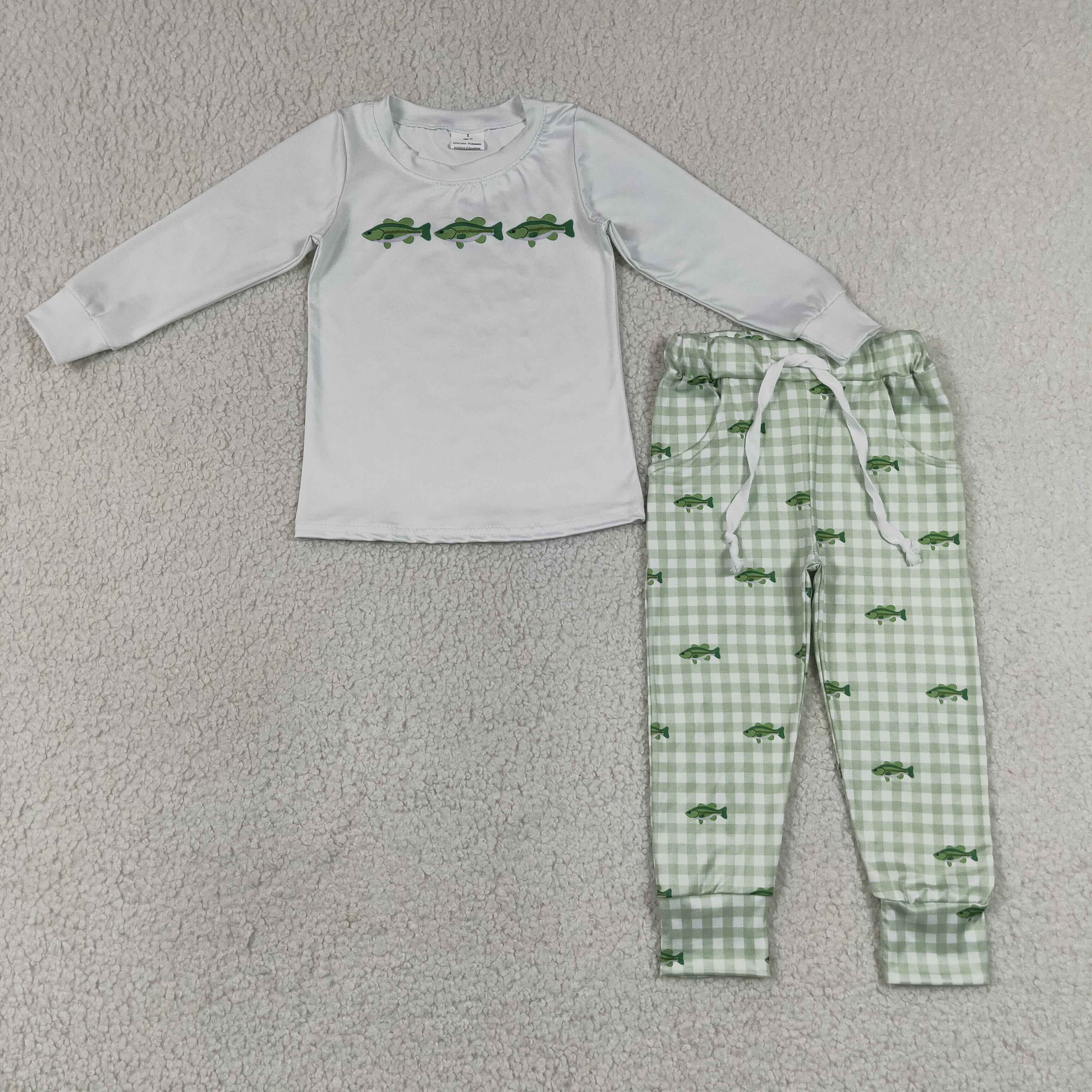 BLP1425 RTS Green plaid fishes print long sleeve boy outfits