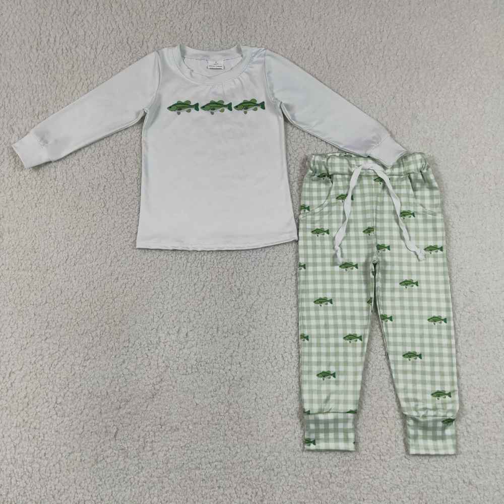 BLP1425 RTS Green plaid fishes print long sleeve boy outfits