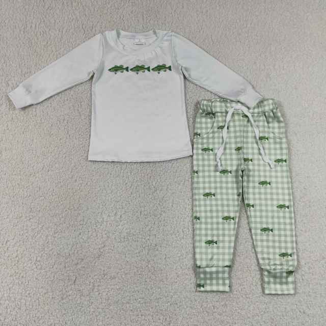 BLP1425 RTS Green plaid fishes print long sleeve boy outfits