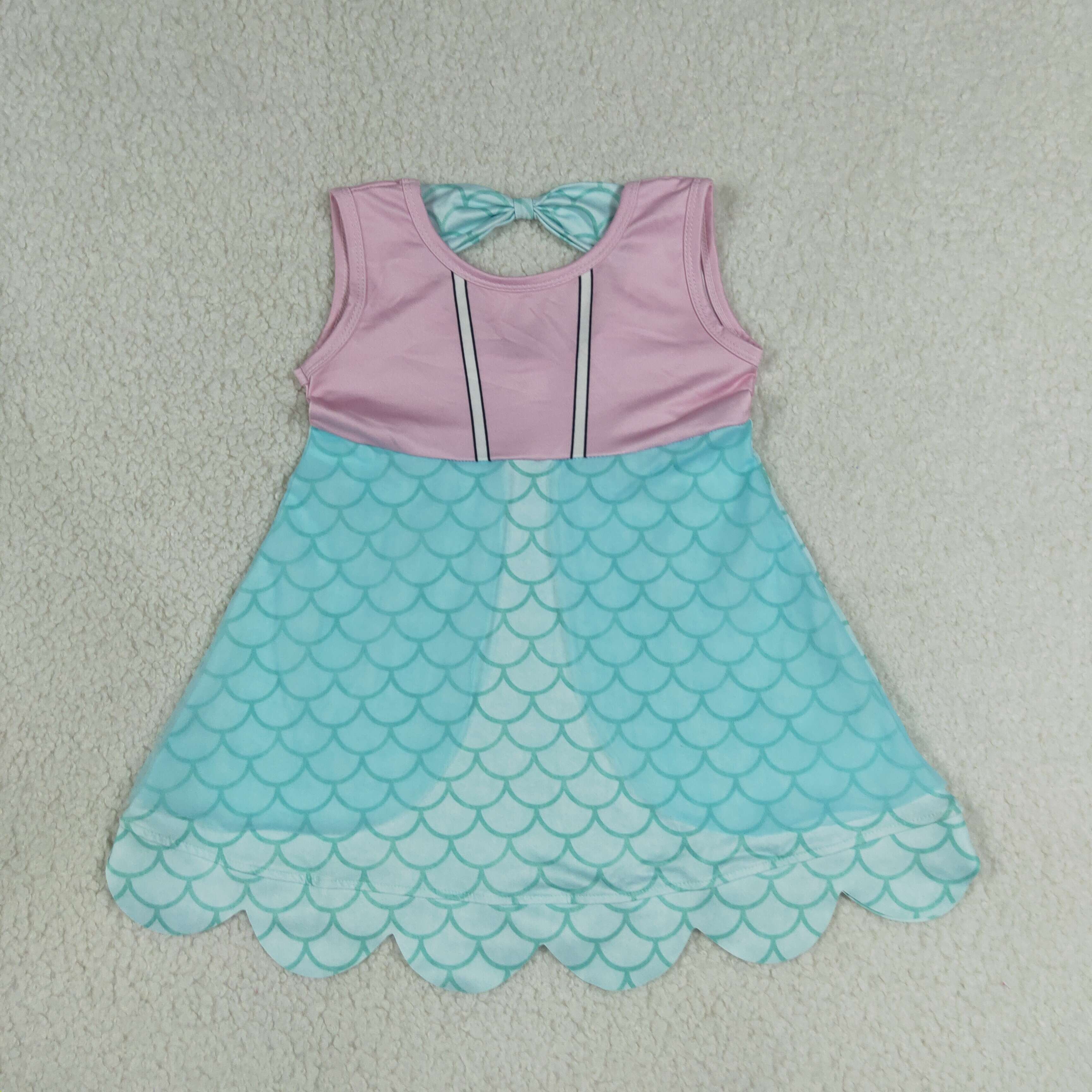 GSD2516 RTS blue purple scale bows girl summer scallop dress
