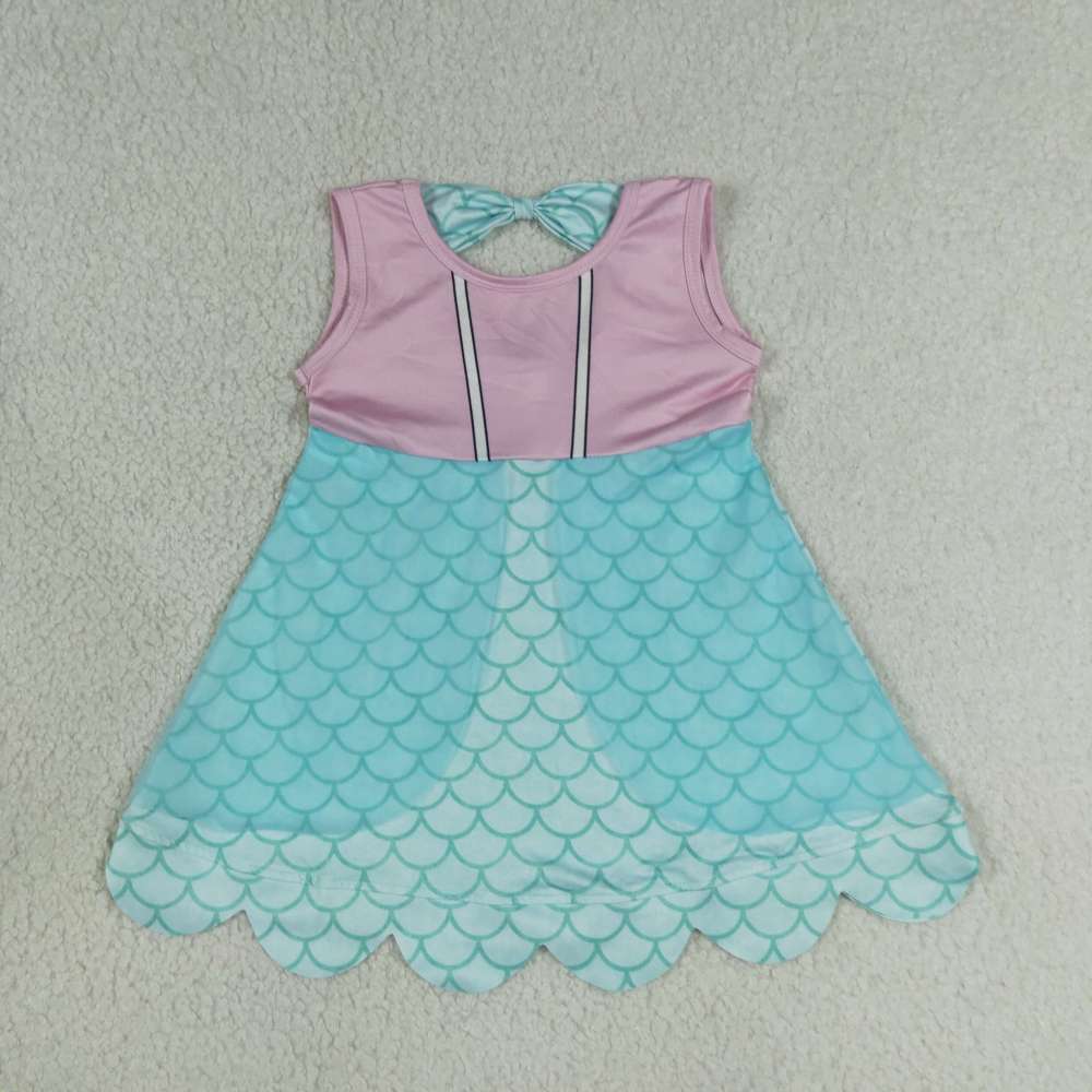 GSD2516 RTS blue purple scale bows girl summer scallop dress