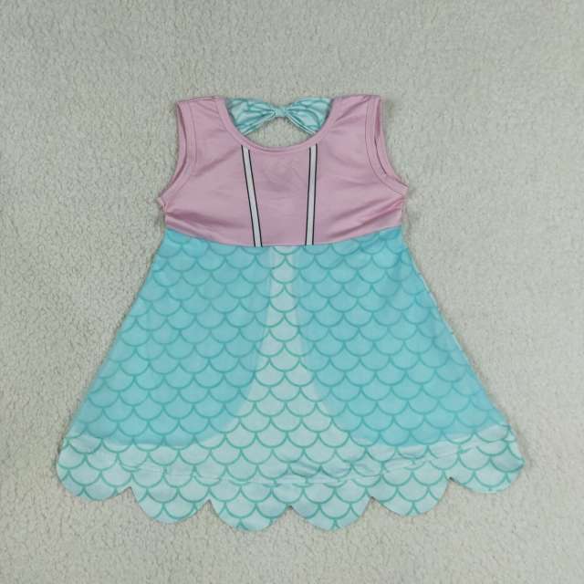 GSD2516 RTS blue purple scale bows girl summer scallop dress