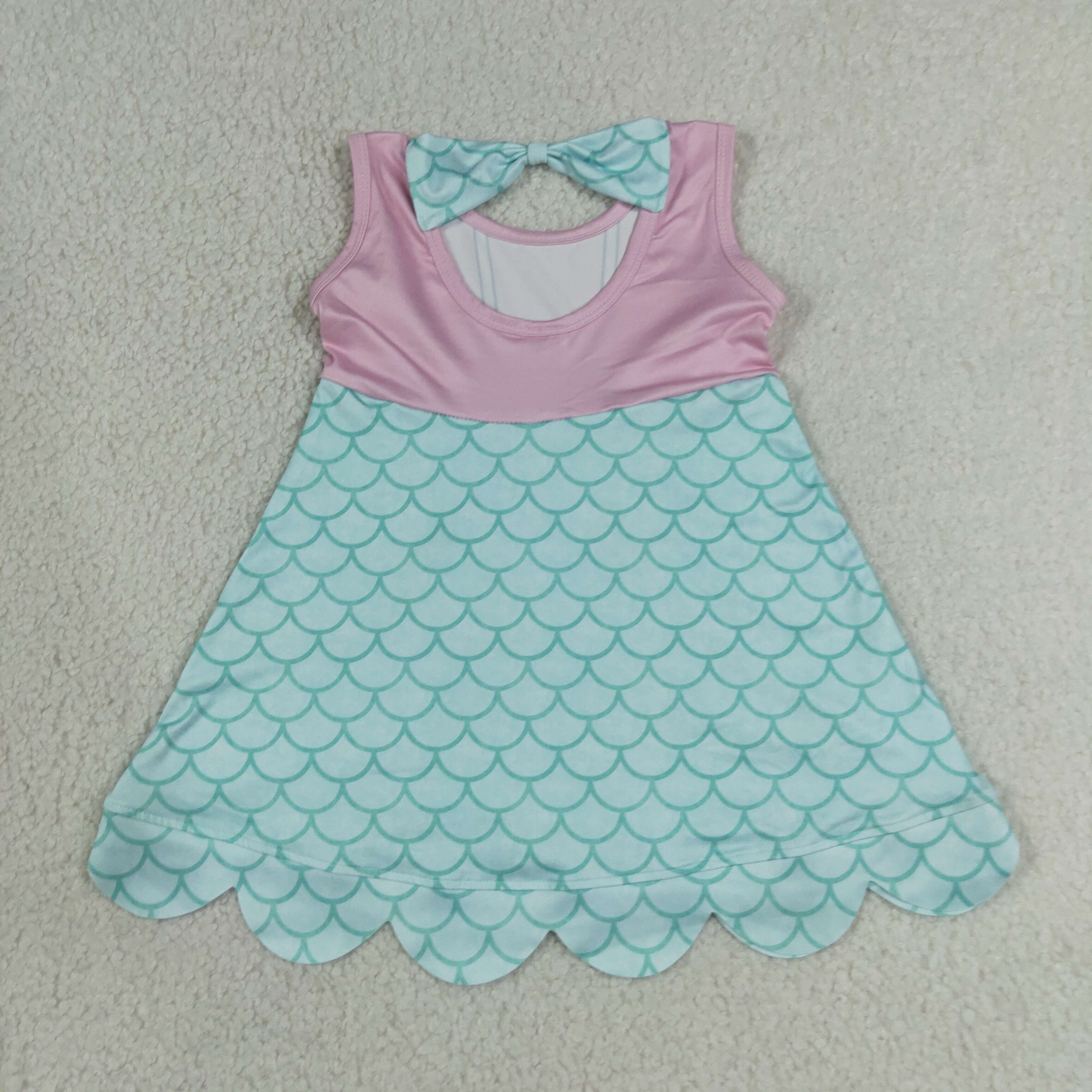 GSD2516 RTS blue purple scale bows girl summer scallop dress