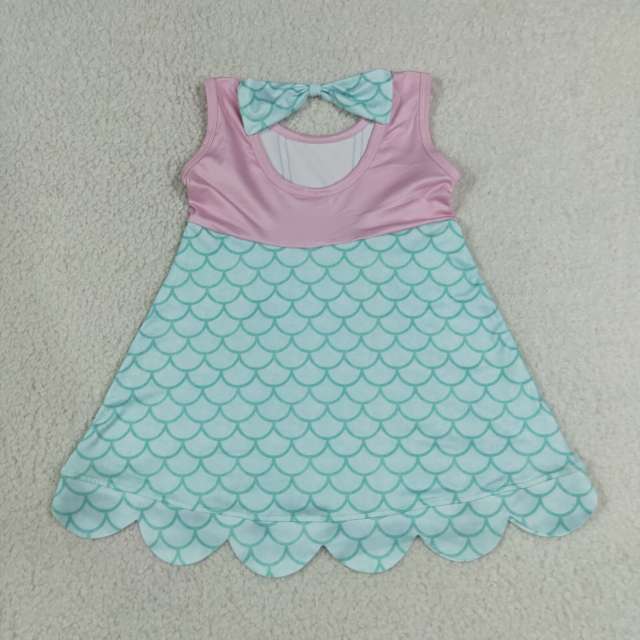 GSD2516 RTS blue purple scale bows girl summer scallop dress