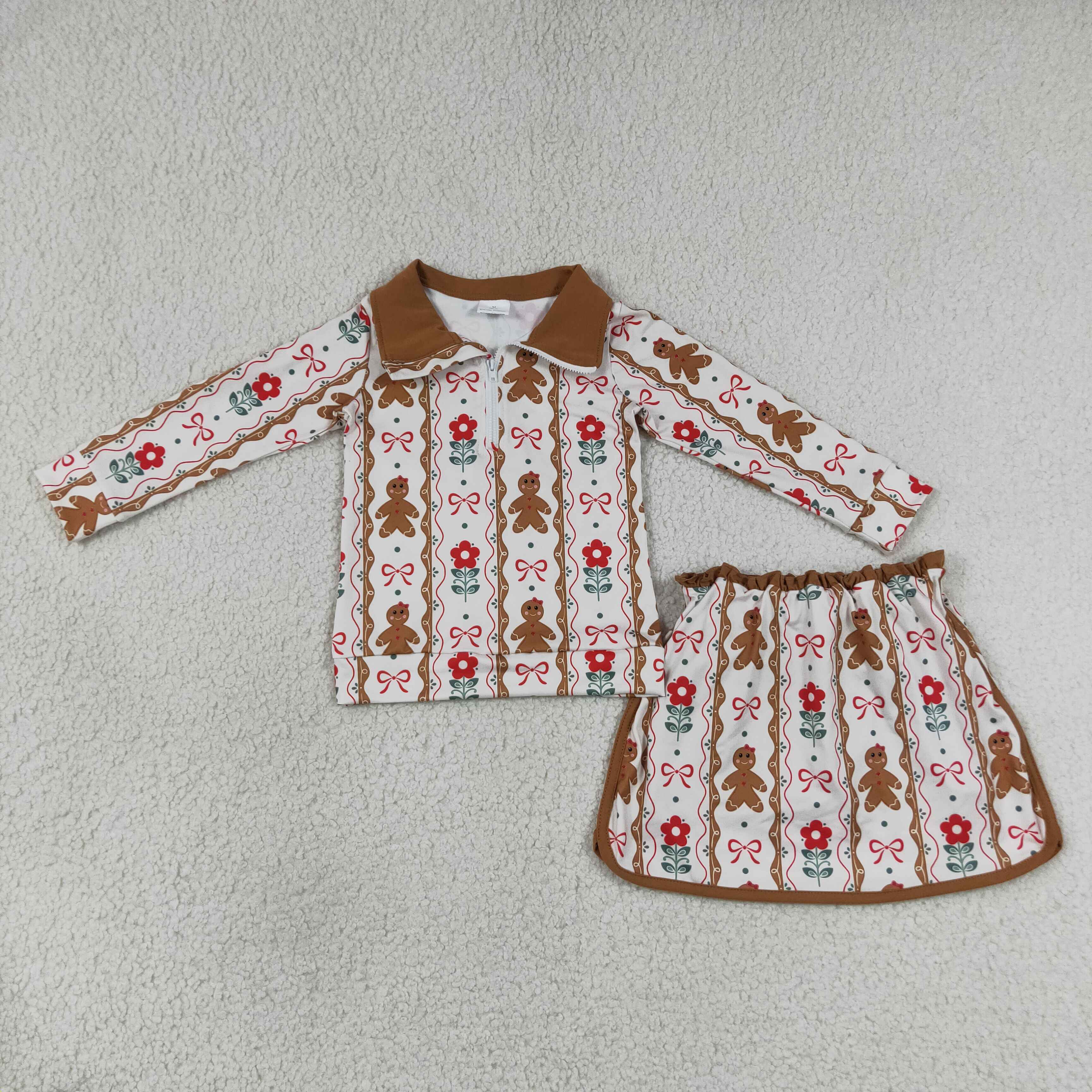 GLD1607  Gingerbear flowers bows Zipper Long Sleeve Skirt Set