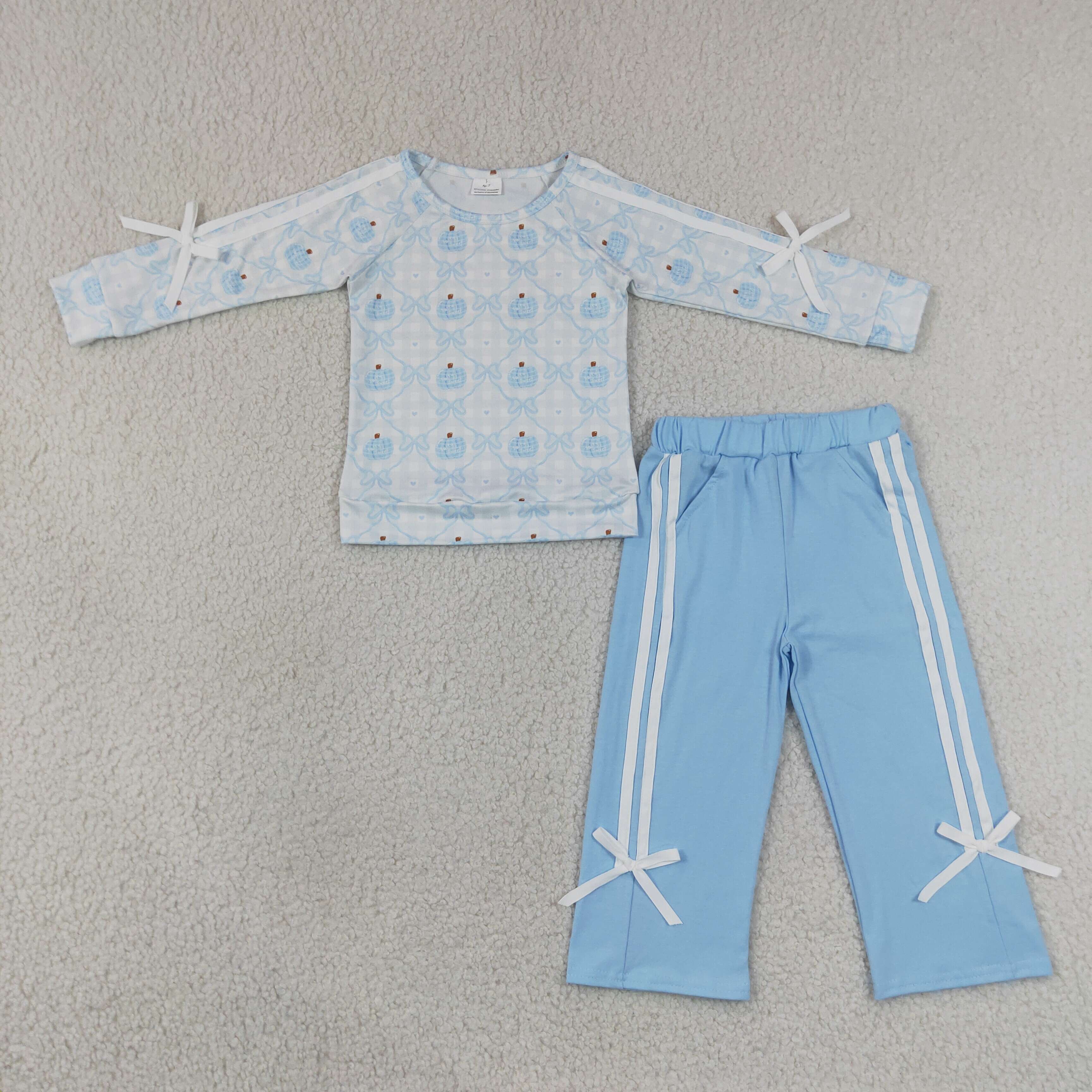 GLP3351  fall blue PUMPKIN bows long Sleeve Trousers Set