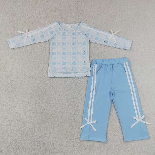 GLP3351  fall blue PUMPKIN bows long Sleeve Trousers Set