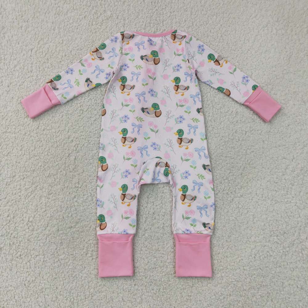 LR3071 Baby Pink flowers duck print long sleeve zipper Rompers