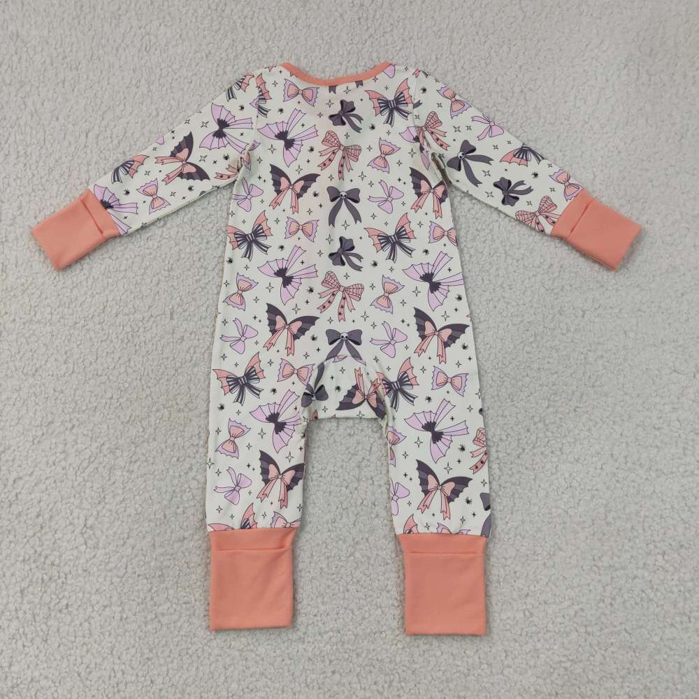 LR3078 Baby HALLOWEEN orange skull bows print long sleeve zipper Rompers