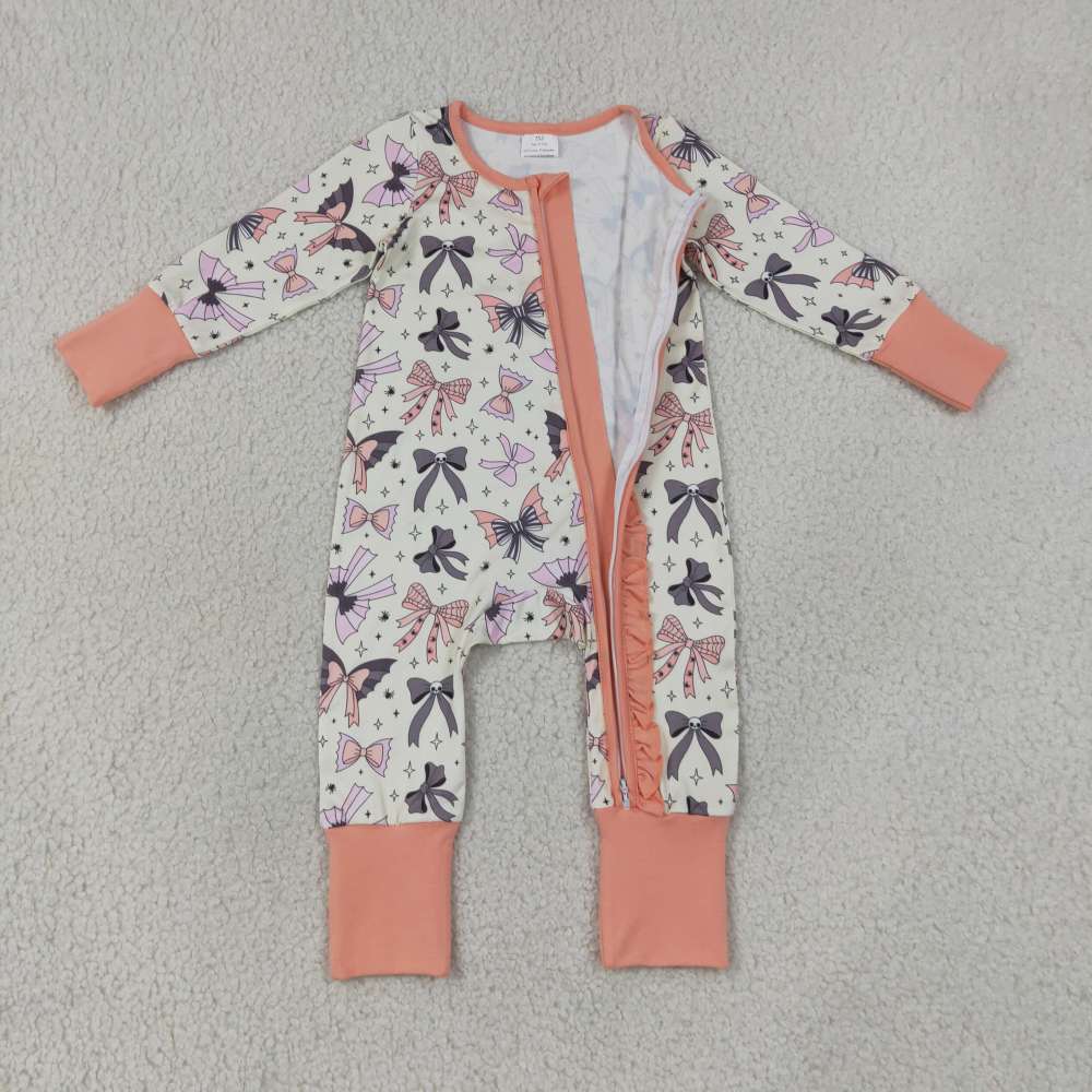 LR3078 Baby HALLOWEEN orange skull bows print long sleeve zipper Rompers