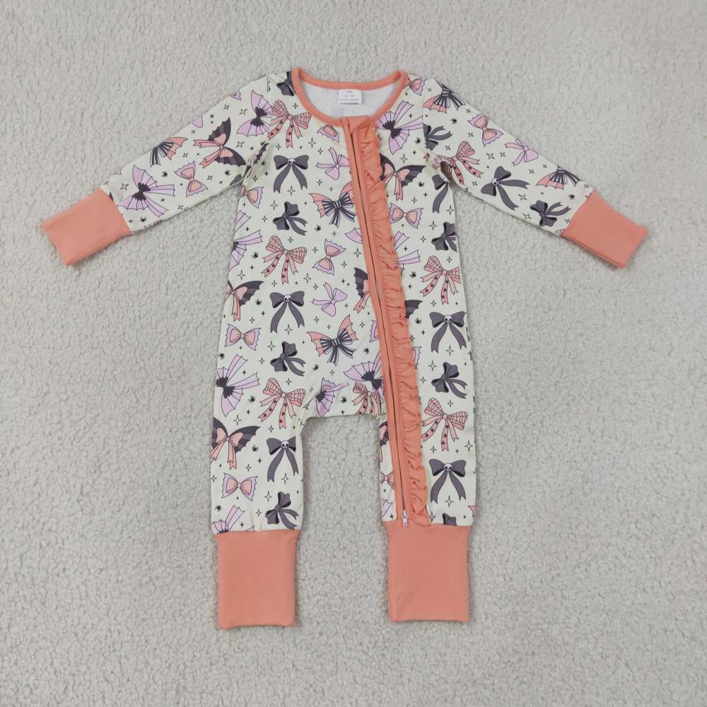 LR3078 Baby HALLOWEEN orange skull bows print long sleeve zipper Rompers