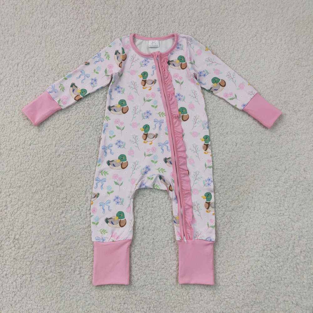LR3071 Baby Pink flowers duck print long sleeve zipper Rompers