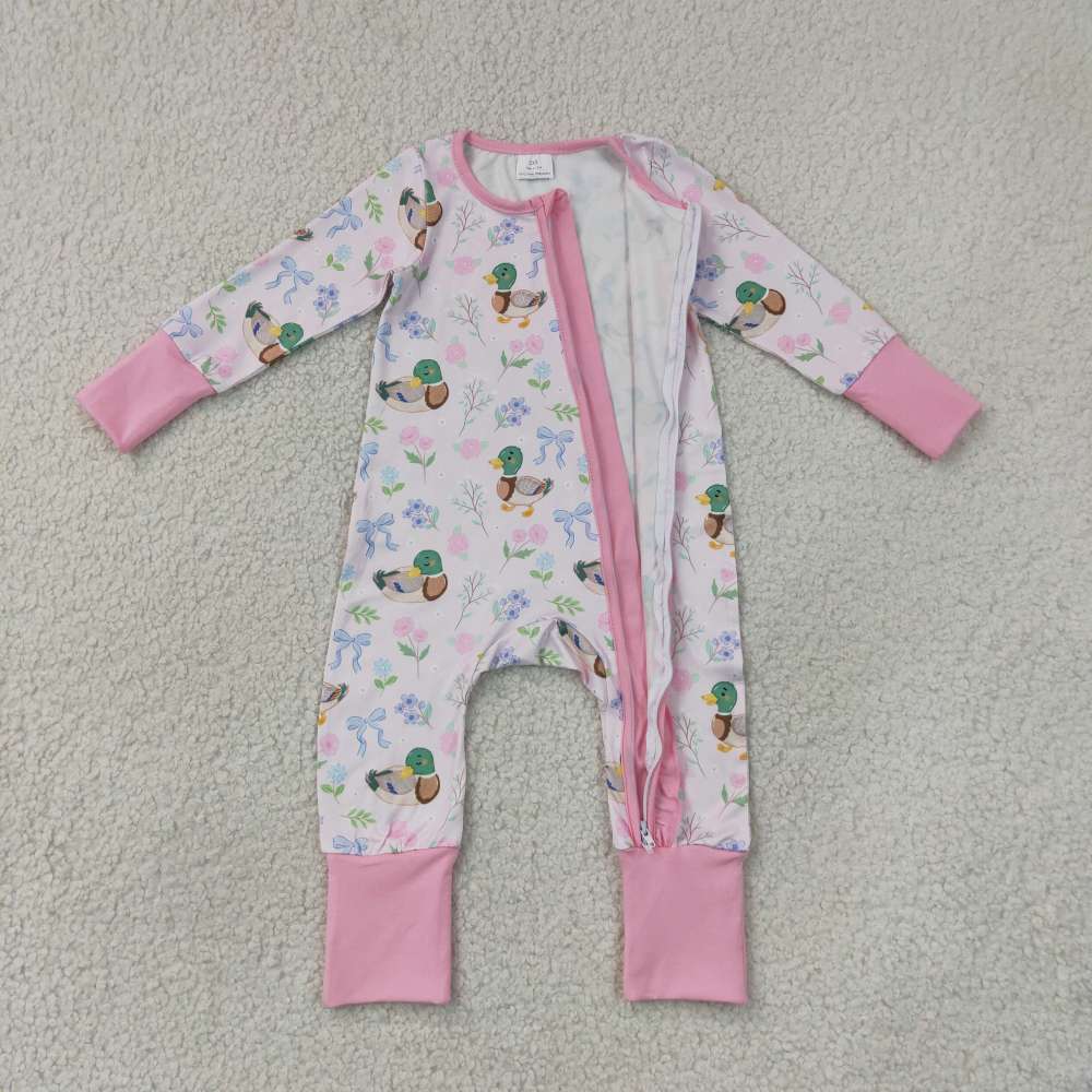 LR3071 Baby Pink flowers duck print long sleeve zipper Rompers