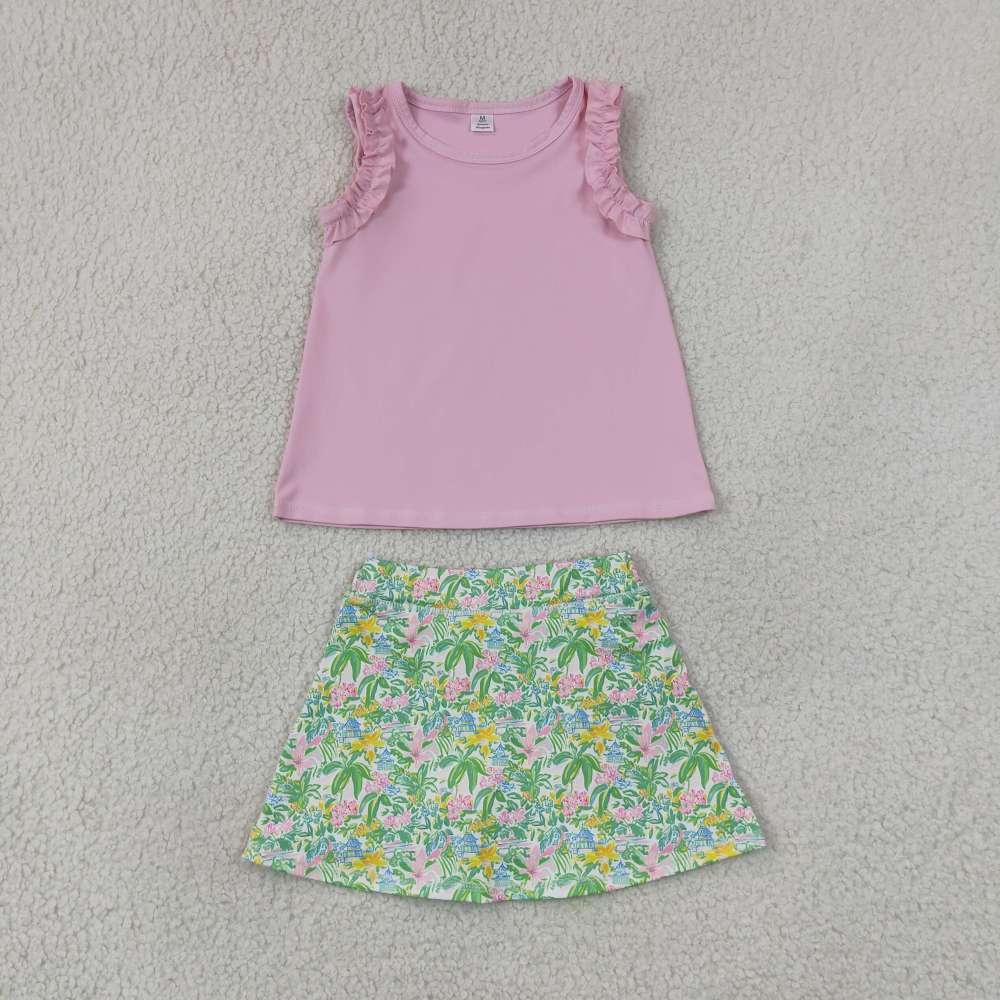 GSD4217 Pink solid with coconut tree  print active girl yoga skirt set
