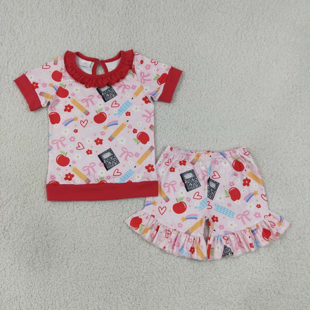 GSSO3525  pencil Apple Print short sleeve girl back to school outfits