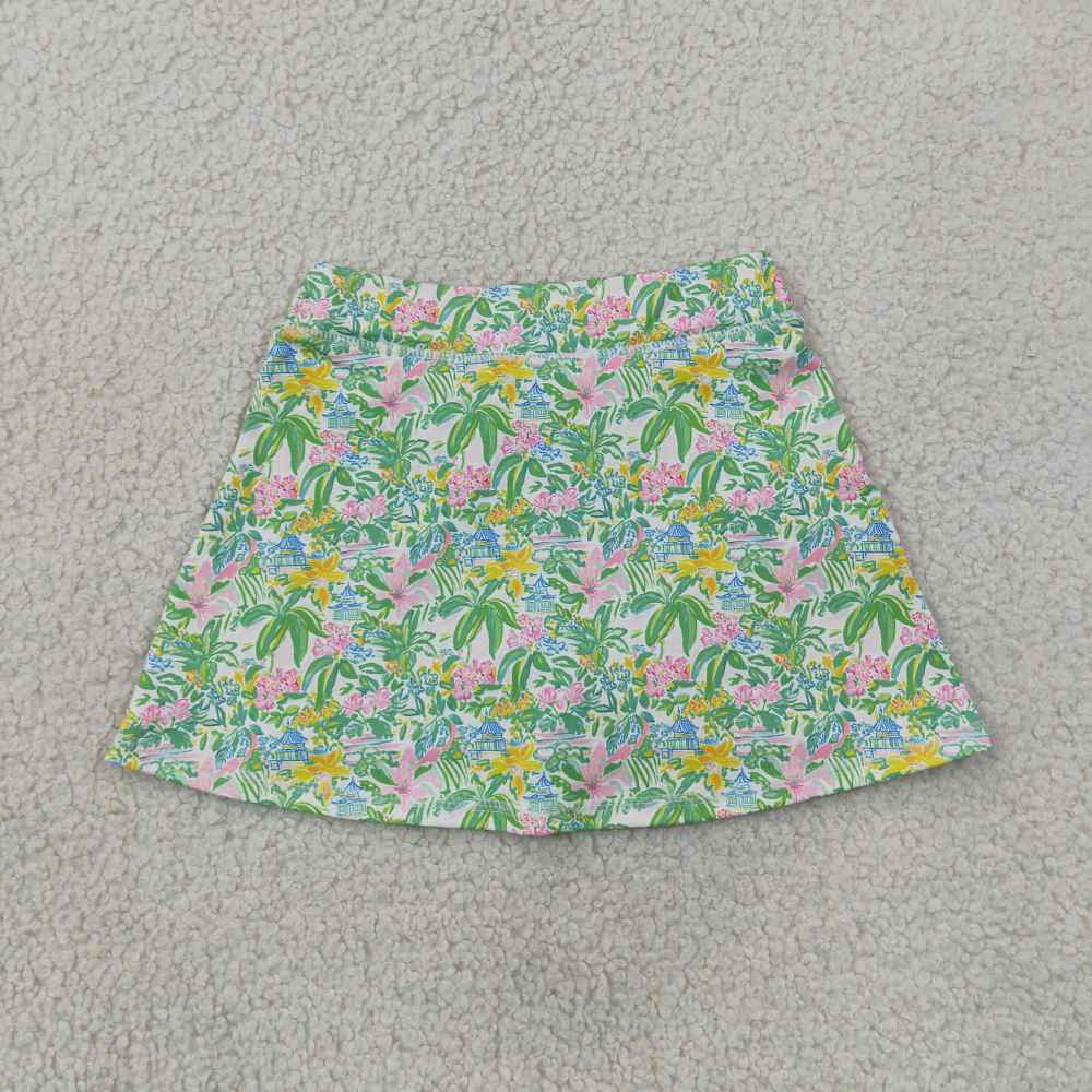 GSD4217 Pink solid with coconut tree  print active girl yoga skirt set