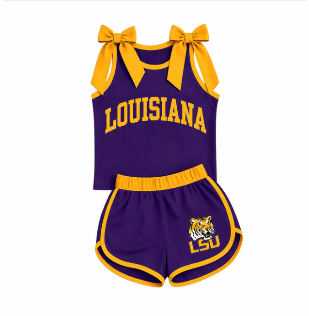 Preorder Baby Girls Purple Orange Bows Sleeveless Top Short LSU Tiger Team Clothes Sets