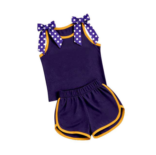 Preorder Baby Girls Purple Polka Dots Bows Sleeveless Top Short Clothes Sets