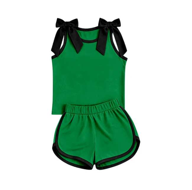 Preorder Baby Girls Green Black Bows Sleeveless Top Short Clothes Sets