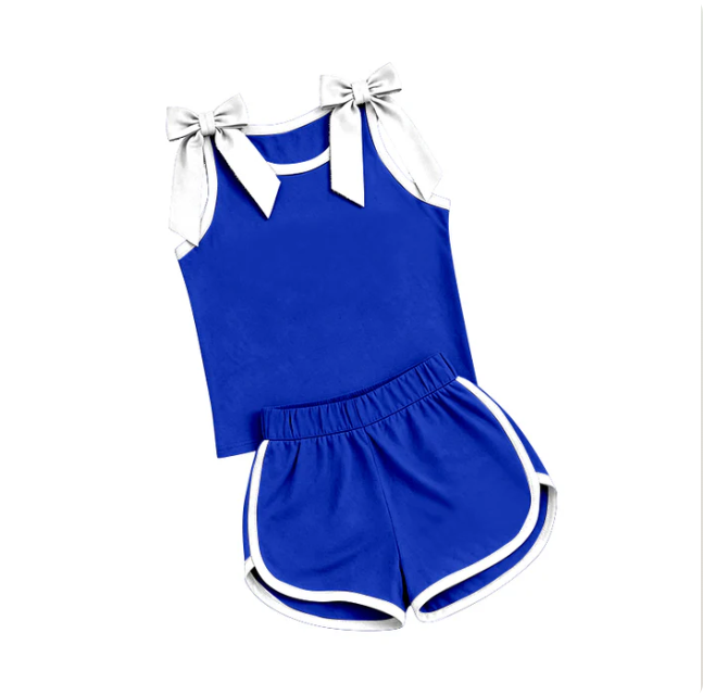 Preorder Baby Girls Blue White Bows Sleeveless Top Short Clothes Sets