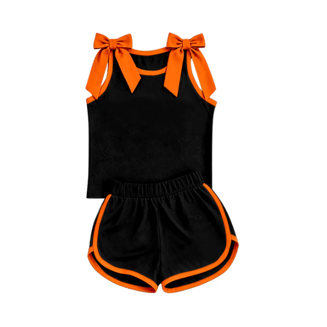 Preorder Baby Girls Black Orange Bows Sleeveless Top Short Clothes Sets