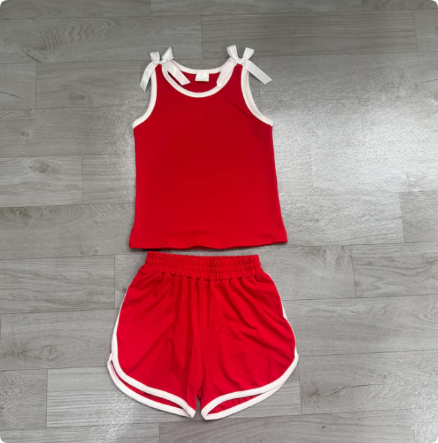 Preorder Baby Girls Red White Bows Sleeveless Top Short Clothes Sets