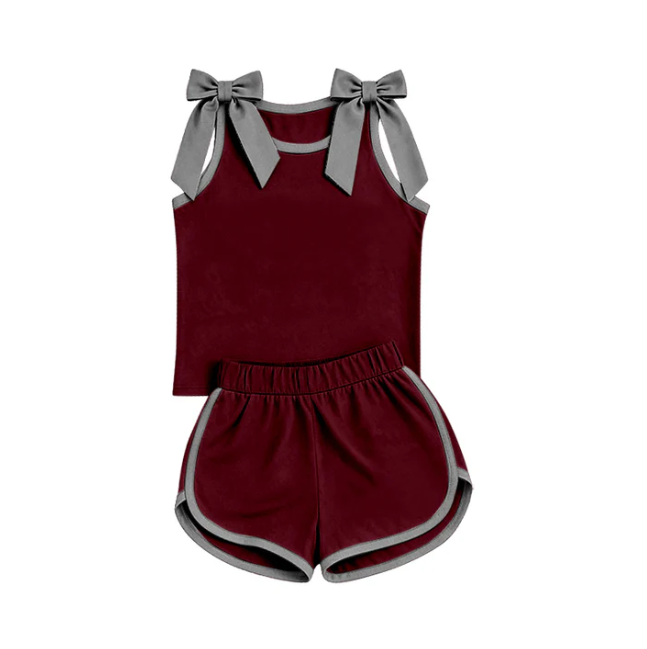 Preorder Baby Girls Maroon Grey Bows Sleeveless Top Short Clothes Sets