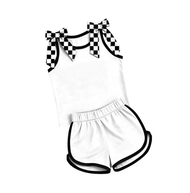 Preorder Baby Girls White Black Bows Sleeveless Top Short Clothes Sets