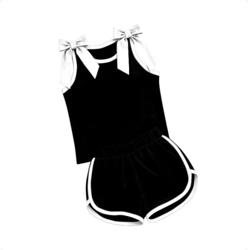 Preorder Baby Girls White Black Bows Sleeveless Top Short Clothes Sets