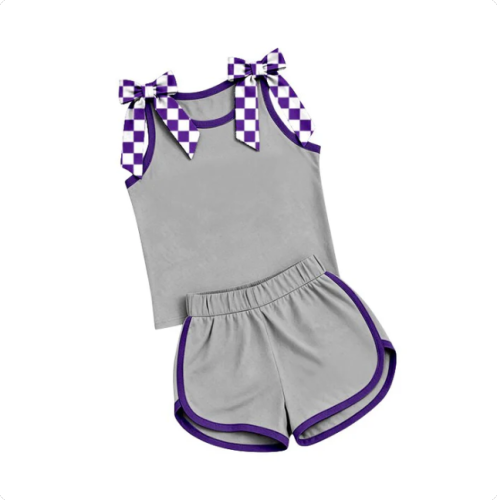 Preorder Baby Girls Grey Purple Checked Bows Sleeveless Top Short Clothes Sets