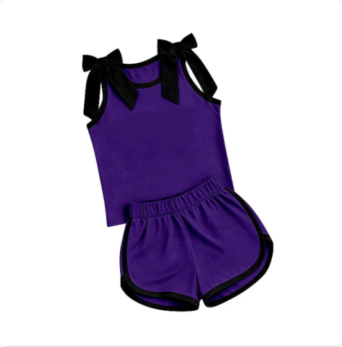 Preorder Baby Girls Purple Black Bows Sleeveless Top Short Clothes Sets